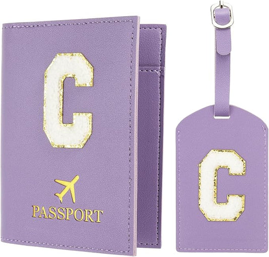 PATIKIL Passport Holder for Travel, Initial Passport Cover and Luggage Tag Set with Alphabet Chenille Letter Patch Travel Wallet Bag Suitcase Identifier for Women Family Travel Purple C