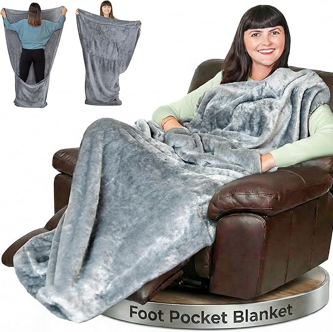 Fleece Lightweight Foot Pocket Blanket -Patent Pending- Gamer Gift for Men Who Have Everything - Gifts for Men Who Wants Nothing and Elderly Dads (Fleece, Silver Grey)