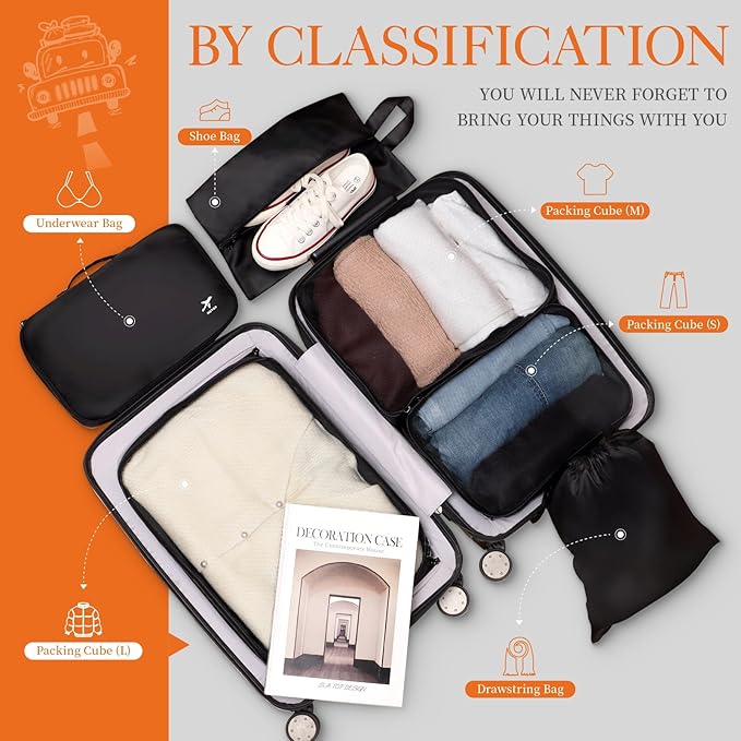 HOTOR Packing Cubes for Suitcases - 6 Pieces, Light Packing Cubes for Travel, Premium Suitcase Organizer Bags Set, Space-Saving Luggage Organizers, Travel Accessories and Essentials, Black