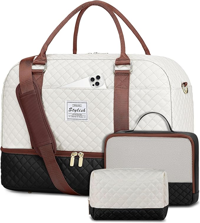 Travel Weekender Bags for Women - Large Carry On Duffel Bags with Shoe Compartment Overnight Weekender Tote Bags with Wet Pocket Gym Duffle Bag for Travel Sports Weekend Hospital Beige Black Brown