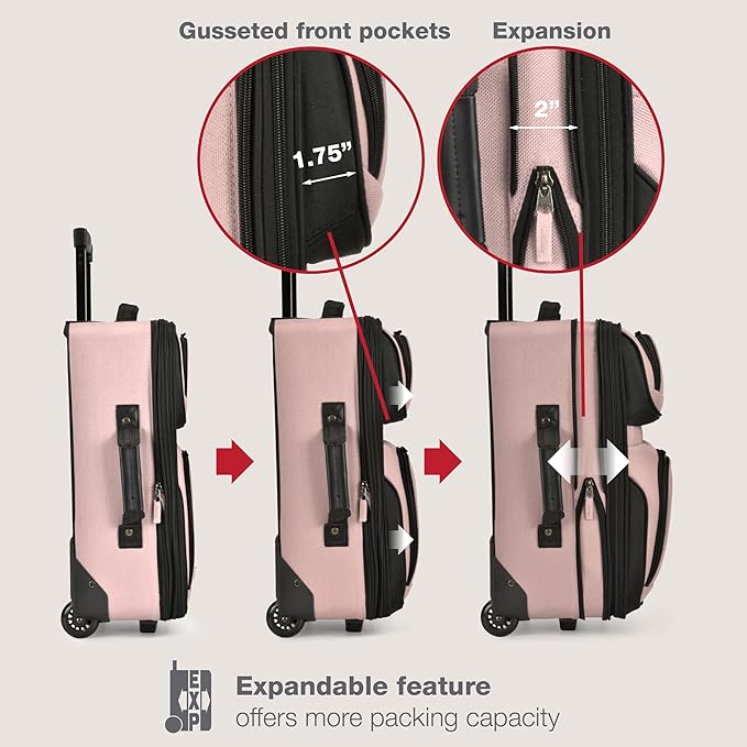 U.S. Traveler Rio Lightweight Softside Rolling Carry-on Suitcase, 2-Wheel Set, Pink