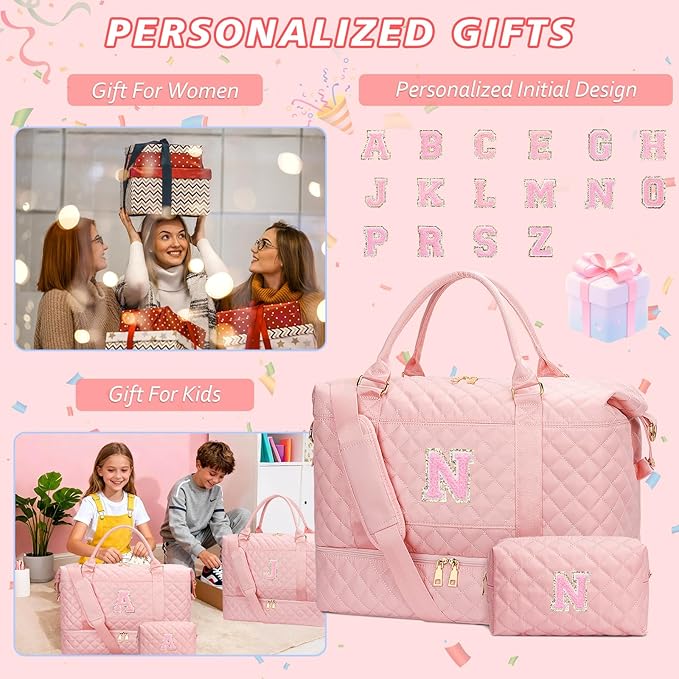 Gifts for Teen Girls Initial Travel Duffle Bag Quilted Weekender Bags Carry-On Overnight with Cosmetic Bag, Gym Bag with Shoe Compartment Hospital Bag for Women Labor Delivery, Pink-N