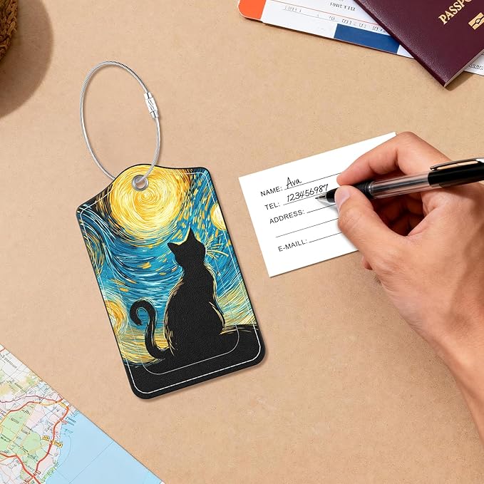 2 Pack PU Leather Luggage Tags for Suitcases, Privacy Protection Cover with Stainless Steel Loop and Address Card, Travel Cruise Essentials (Starry Cat)