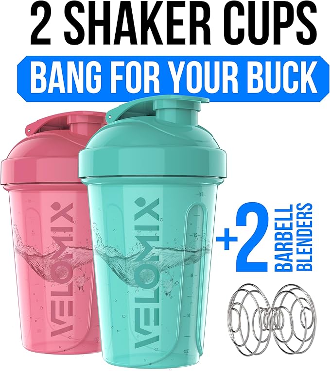 VELOMIX -2 Pack- 20 oz Protein Shaker Bottles for Protein Mixes - 2x Wire Whisk | Leak Proof Shaker Cups for Protein Shakes and Pre Workout | Protein Shaker Bottle Pack (Pink/Turquoise)
