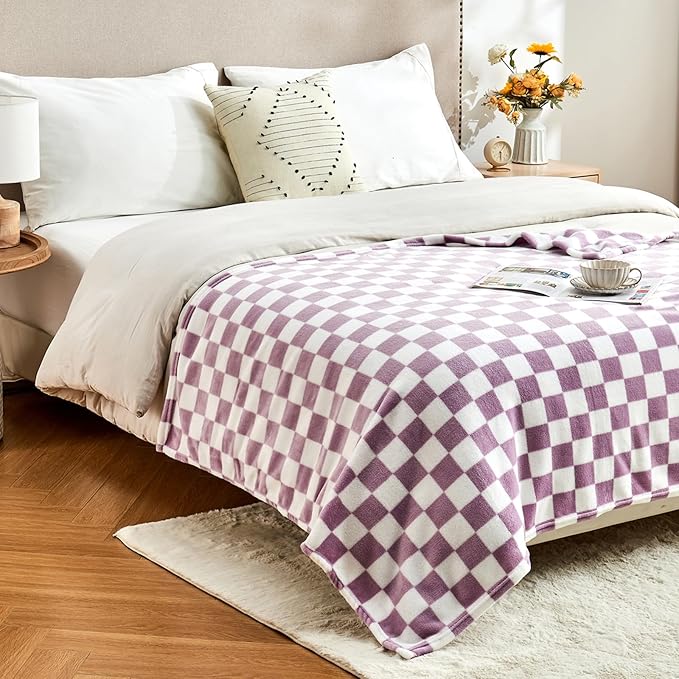 Checkered Blanket Flannel Throw Blankets Soft Cozy Checkered Grid Print Chessboard Gingham Pattern Throws for Bed Sofa Couch for All Seasons, 60x80 Inch, Purple