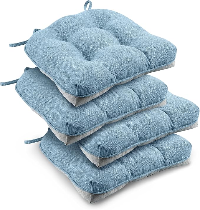 downluxe Indoor Chair Cushions for Dining Chairs, Tufted Overstuffed Textured Kitchen Chair Pads with Ties and Non-Slip Backing, 16.5" x 16.5" x 4", Light Blue, 4 Pack