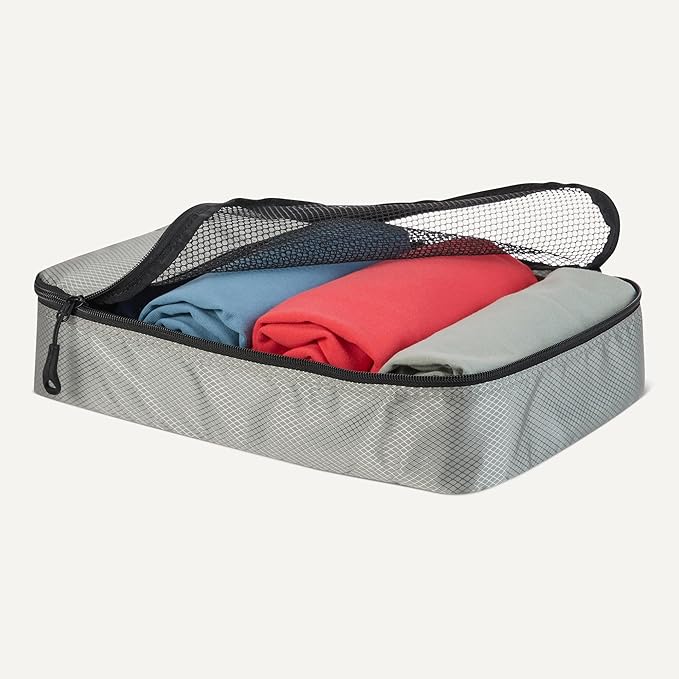Amazon Essentials 4-Piece Packing Cubes Travel Accessories Set, Space-Saving Luggage Organizer with Double Zipper, Mesh Top Panel, Small/Medium/Large/Slim, Gray (Previously Amazon Basics)