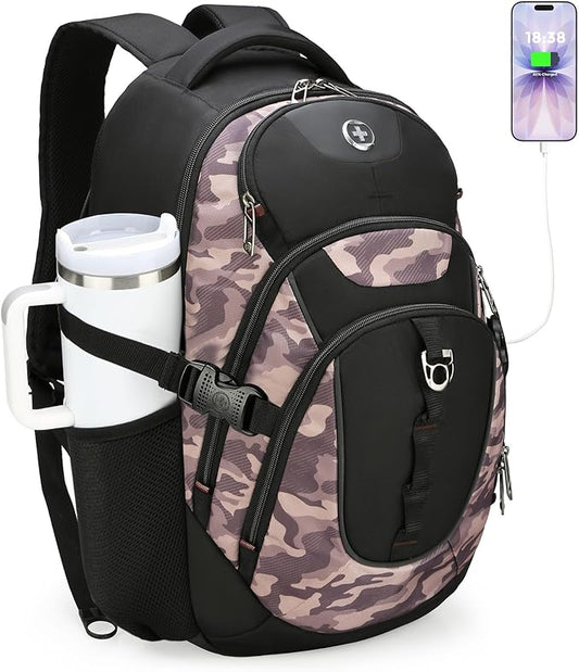Swissdigital Design Laptop Backpack with USB Charging Port, Travel Backpack Fits 15.6 inches Computer, 31L College School Backpack for Men, Khaki Camo | SD803-94