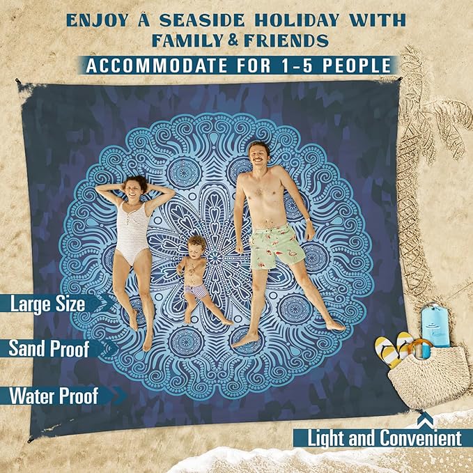 Famstar Beach Blanket Sandproof Waterproof 78''×81''1-5 Adults Oversized,Compact Lightweight Durable Beach Mat for Travel Camping Hiking Picnic Blanket
