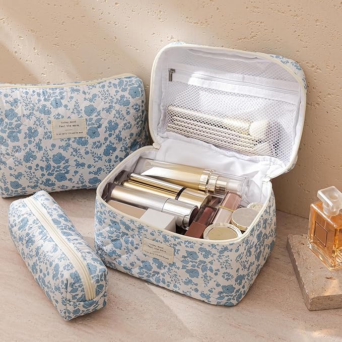 HBselect Quilted Makeup Bag, 3PCS Cotton Large Travel Makeup Bag, Cute Floral Coquette Make up Bag Cosmetic Bag Toiletry Bag for Women Girls