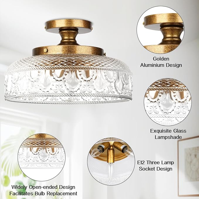 Lamomo Semi Flush Mount Ceiling Light, 3 Light Hallway Light Fixture, 12 Inch Antique Brass Gold Globe Glass Close to Ceiling Scone,Indoor Hanging Lantern for Bedroom Kitchen Porch Hallway