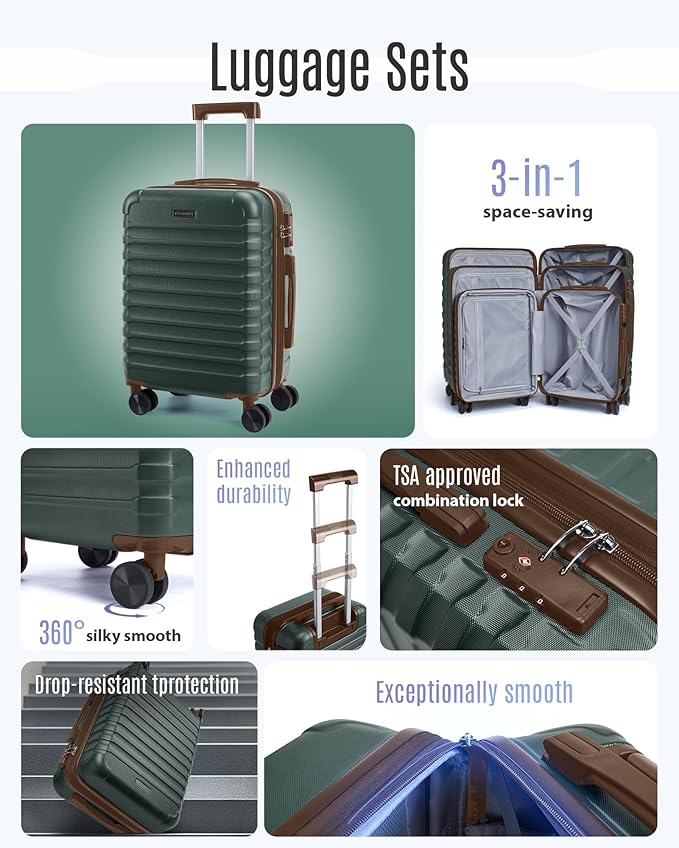 LIGHT FLIGHT Luggage Sets, 3 Piece Durable Suitcase Set with Spinner Wheels, 3 Pcs Hard Shell Lightweight Luggage with TSA Lock, Large Checked Travel Suitcases, 20/24/28 Inch,Green/Brown
