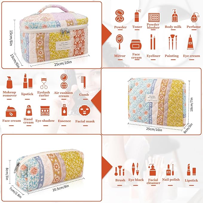 Quilted Makeup Bag Set, Large Floral Cosmetic Bag for Women, Cute Cotton Makeup Bag, Flower Travel Toiletry Organizer Bag(Color-Coded Floral)