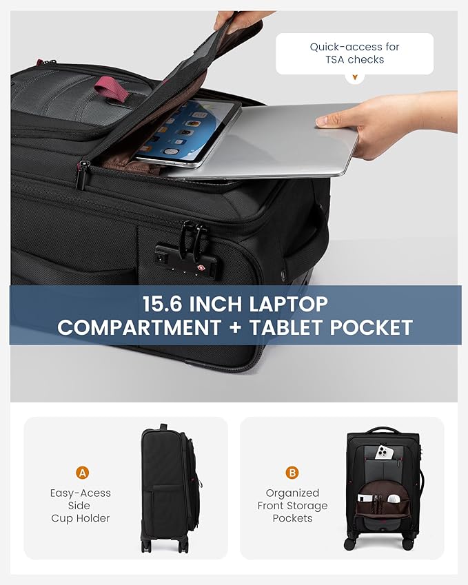 LOVEVOOK Business Softside Checked Luggage with 15.6/17.3 Inch Laptop Compartment, 24 Inch Checked Suitcase with Spinner Wheels Large Capacity Luggage with TSA Lock for Business Trip Travel Grey&Black