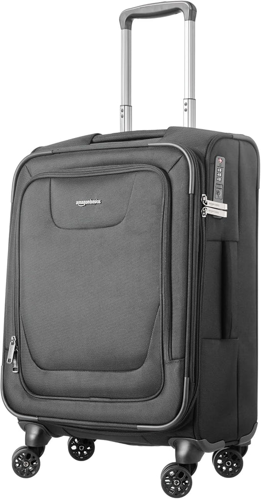 Amazon Basics 17" Carry-On Softside Luggage Suitcase with TSA Lock, 8 Spinner Wheels, Front Exterior Pocket, 3 Interior Pockets, Sturdy Telescoping Handle, Black