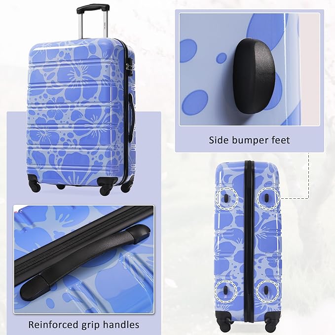 Merax Suitcase Set, Hardshell Luggage Sets 3 Piece with Spinner Wheels, Durable Printing Suitcase with TSA Lock Lightweight 20" 24" 28",Blue