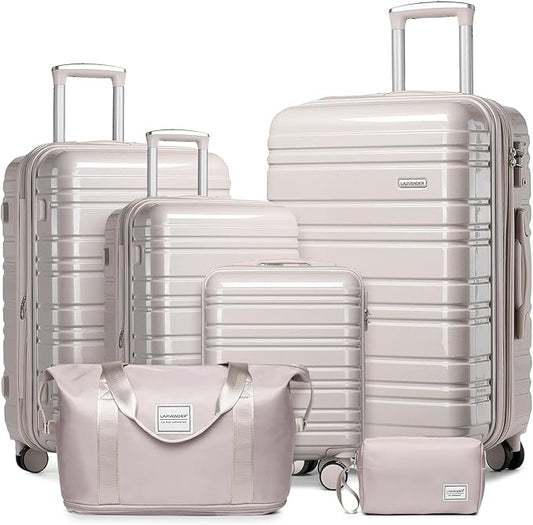 LARVENDER Luggage Sets 6 Piece Hardside Expandable Suitcase with Wheels TSA Lock, PC+ABS Hardshell Lightweight Travel Luggage Sets for Women, Glossy Champagne