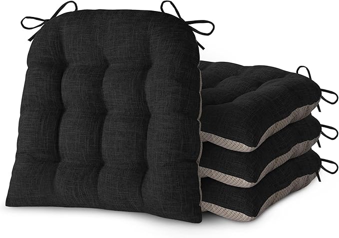 Chair Cushions for Dining Chairs Set of 4 Durable D-Shaped Seat Cushions with Non-Slip Backing Secure Ties Thick Cozy Seat Pad for Kitchen Dining Room Office(18x16.5x3in Black)