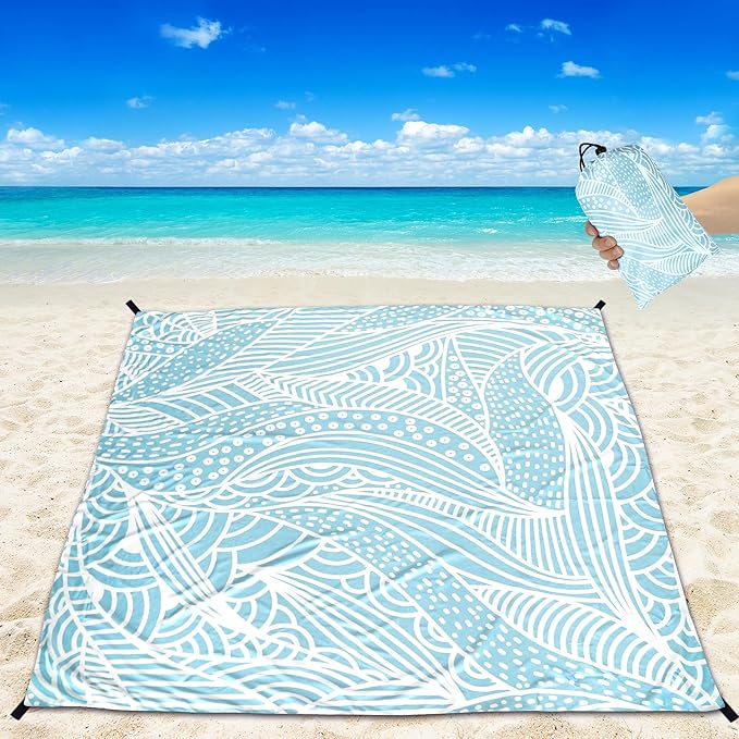 Beach Blanket Sandproof Extra Large Beach Mat Adults Waterproof Quick Drying Sand Free Mat Made by Premium Polyester with 4 Stakes & 4 Corner Pockets for Outdoor Travel Camping Hiking