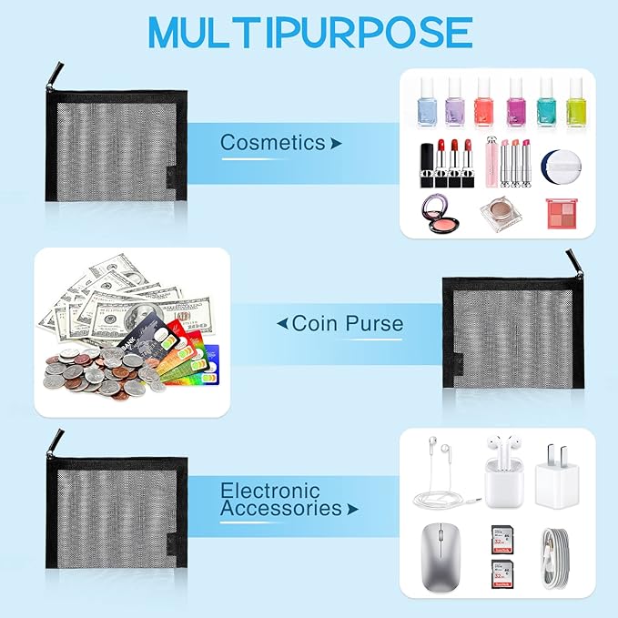 EASYFUN Small Zipper Pouch，6 Pieces Mini Mesh Pouch Coin Purse Portable Cosmetic Case Mesh Storage Bags with Key Kit Small Item Organizer,5 x 4 Inch