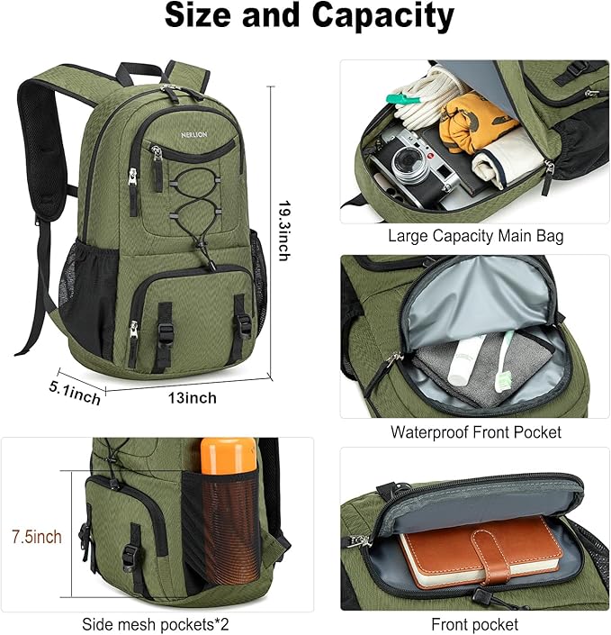 Nerlion Lightweight Foldable 35L Hiking Backpack Travel Backpack for Men Women Camping Waterproof Outdoor Hiking Daypack Backpack Green