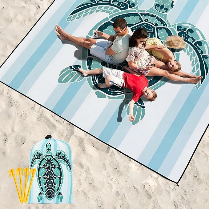 Beach Blanket Waterproof Sandproof Beach Mat 79”x 83” for 1-8 Adults Quick Drying Durable Outdoor Picnic Mat for Beach Festival Travel Camping Hiking (GN-Stripes Seaturtle, 79"×83"(4 Person))