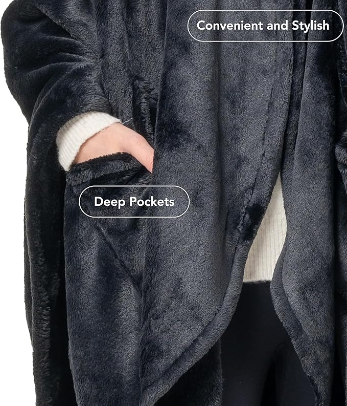Berkshire Blanket Primalush™ Wearable Blanket, Cozy Loungewear Pocketed Plush Cape Wrap for Adults & Teens(Black, One Size 58"X64")