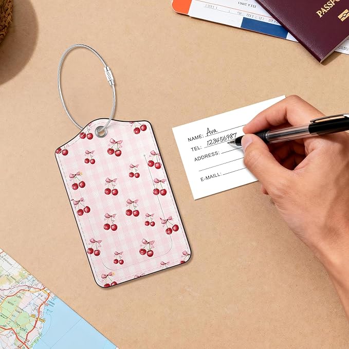 2 Pack PU Leather Luggage Tags for Suitcases, Privacy Protection Cover with Stainless Steel Loop and Address Card, Travel Cruise Essentials (Red Cherries)