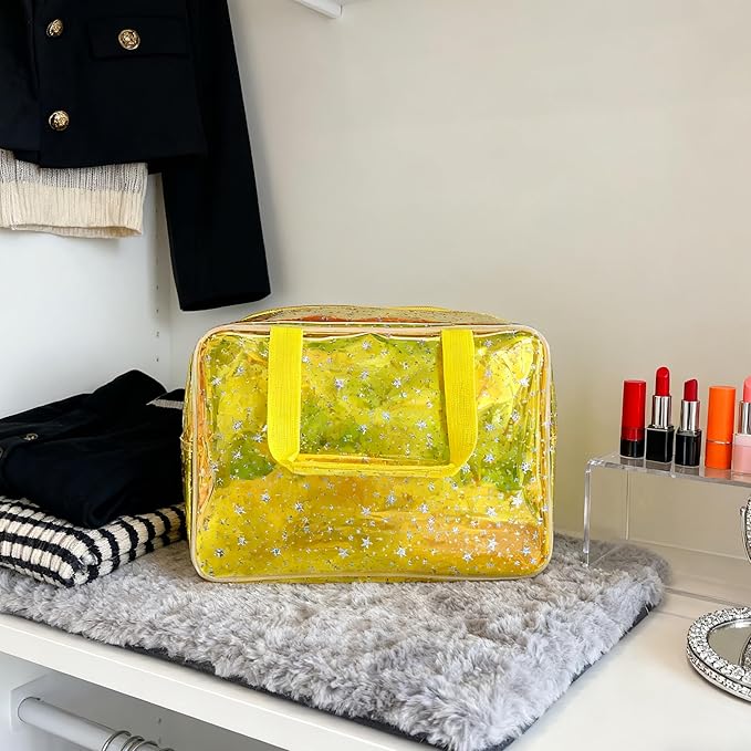 Holographic Yellow Clear Star Large Cosmetic Bag and TPU Travel Pouch with Handle,Durable Material,Zipper Design-Ideal for Makeup,Travel Essentials (Yellow)