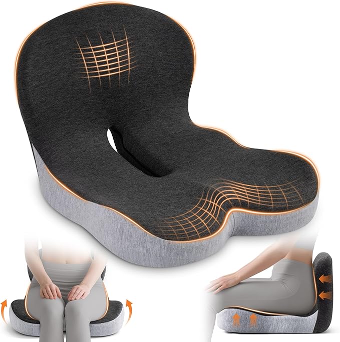 Seat Cushion, Office Chair Seat Cushions for Office Chair with L-Shaped Ergonomic Design, Memory Foam Chair Cushion for Long Sitting Office Worker(Black Gray)