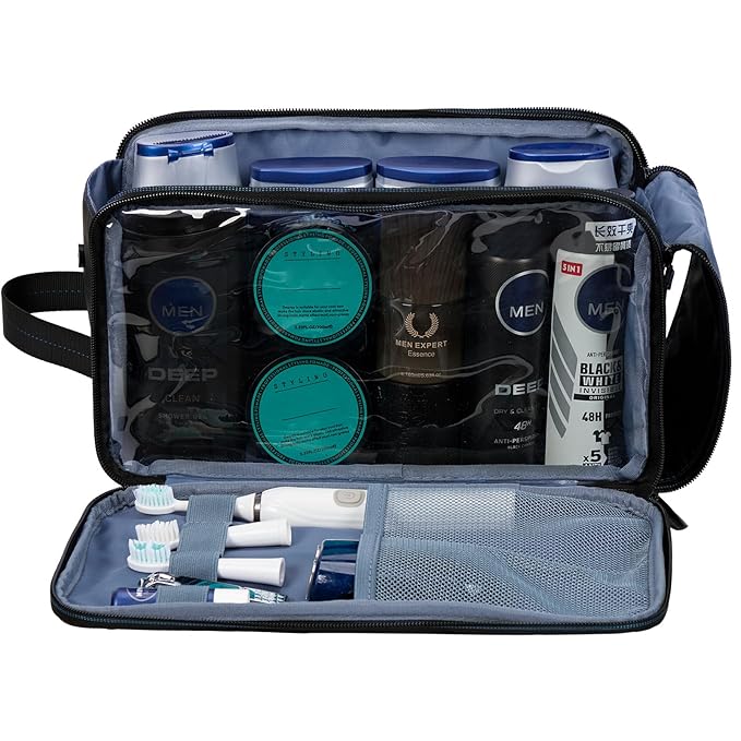 ZEEMO Travel Toiletry Bag for Men, Large Water-Resistant Double-Sided Full-Open Dopp Kit, Versatile Organizer for Shower and Hygiene Accessories, Bathroom Essentials, Cosmetics, Black and Blue