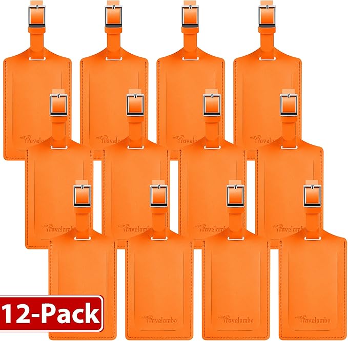 Travelambo 12 Pack Luggage Tags for Suitcases Privacy Protection Bag Tags Faux Leather Travel Accessories Essential, Hot Orange