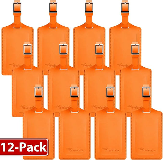 Travelambo 12 Pack Luggage Tags for Suitcases Privacy Protection Bag Tags Faux Leather Travel Accessories Essential, Hot Orange