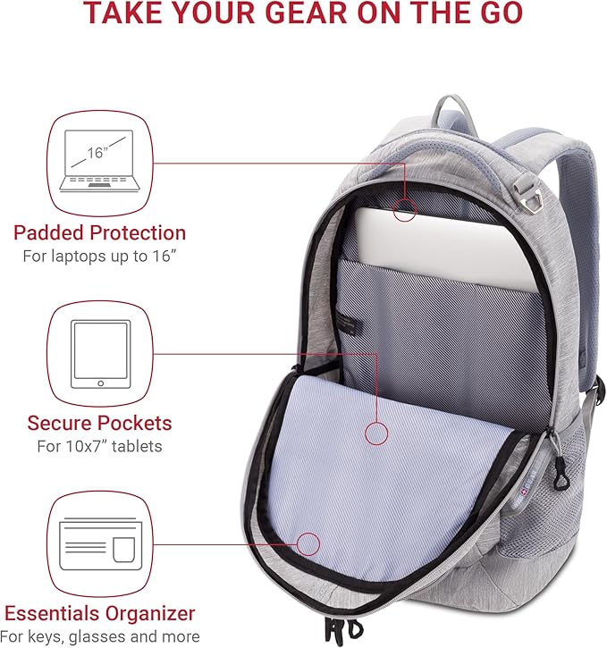 SWISSGEAR Cecil 18-Inch Laptop Backpack Fits 16-Inch Laptop, Travel Daypack with Organizer Pockets, Water Bottle Holders & Padded Straps – Light Grey