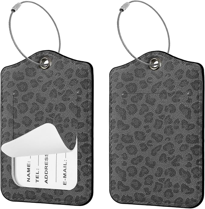 Seorsok 2 PCS Luggage Travel Tags for Suitcases,Cute Black Leopard PU Leather Name Tag with Privacy Cover&ID Label Address Card and Durable Metal Ring Suitable for Men Women Handbags Backpack,Black