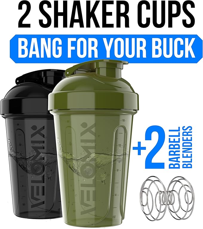 VELOMIX -2 Pack- 20 oz Protein Shaker Bottles for Protein Mixes - 2x Wire Whisk | Leak Proof Shaker Cups for Protein Shakes and Pre Workout | Protein Shaker Bottle Pack (Green/Black)