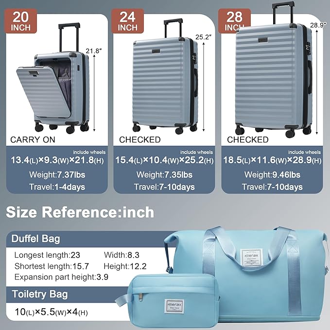 Merax Luggage Sets Front Opening, 3 Piece Hardshell Suitcase with Spinner Wheels and Bags,Lightweight Carry on Luggage with USB Port and Cup Holder,20+24+28,Sky Blue