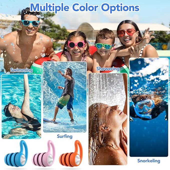 Swimming Ear Plugs Waterproof Earplugs - 3 Pairs Silicone Swim Ear Plugs for Adult Kids, Water Sports Earplugs for Showering, Bathing, Surfing - Keep Ear Water Out (Blue,Pink,Orange, One Size)