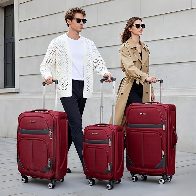 3-Piece Softside Expandable Luggage Set with Front Open Pocket,Lightweight Durable Suitcase Sets Double Spinner Wheels & w/LOCK（Burgundy-Grey,20in/24in/28in）