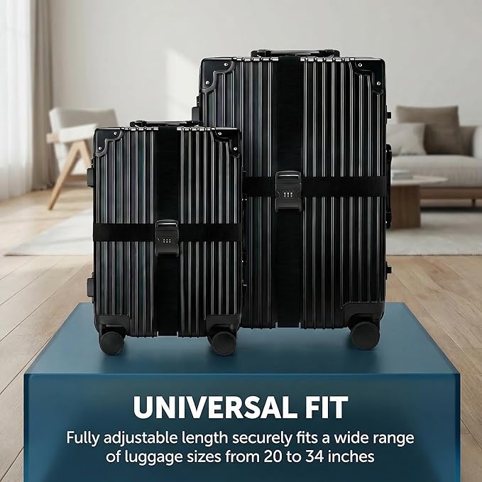 4-piece Set of Lockable Luggage Straps - Two Luggage Straps and Two Luggage Tags to Protect Your Luggage from Bursting, Suitable for suitcases 20-32 in (Black Password Lock)