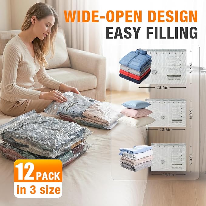 Space Saver Vacuum Storage Bags with Portable Electric Pump, Vacuum Seal Bags for Clothing Travel, Compression Bags for Travel & Home, Clothes, Blankets, Seasonal Storage, 12 Combo (4L/4M/4S)