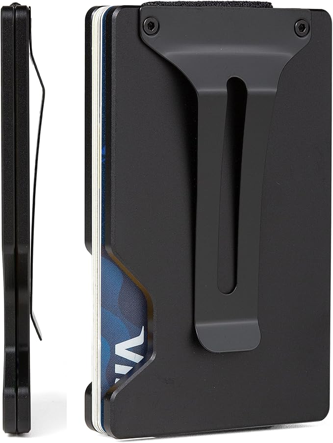 Minimalist Carbon Fiber Wallet for Men, Money Clip Cash Strap Wallet, RFID Blocking Metal Wallet Aluminum Card Holder,Front Pocket Wallet(Matte Black)
