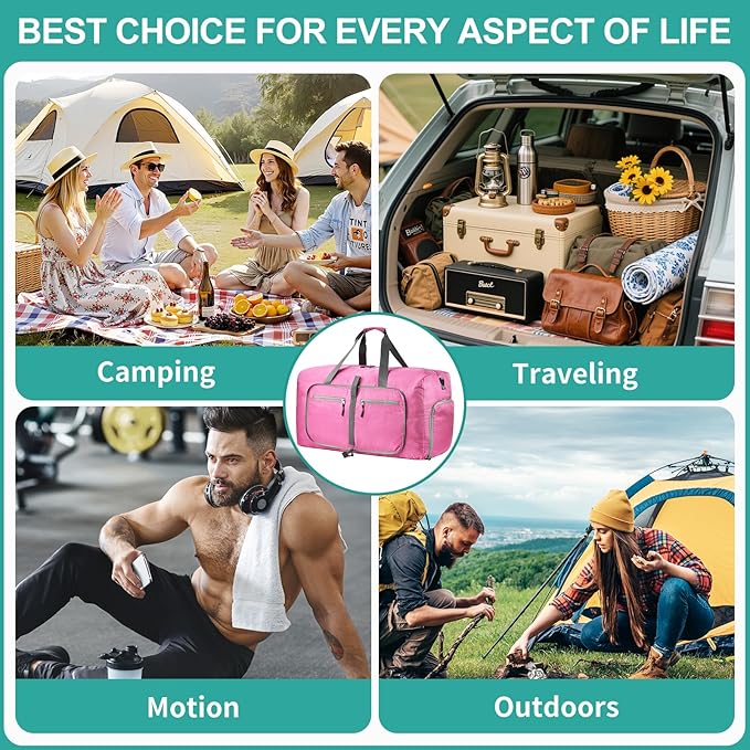 Dimayar Travel Duffle Bag for Men Women - Foldable Duffel Bag with Shoes Compartment - Overnight Bags Waterproof & Tear Resistant(115L,Pink)