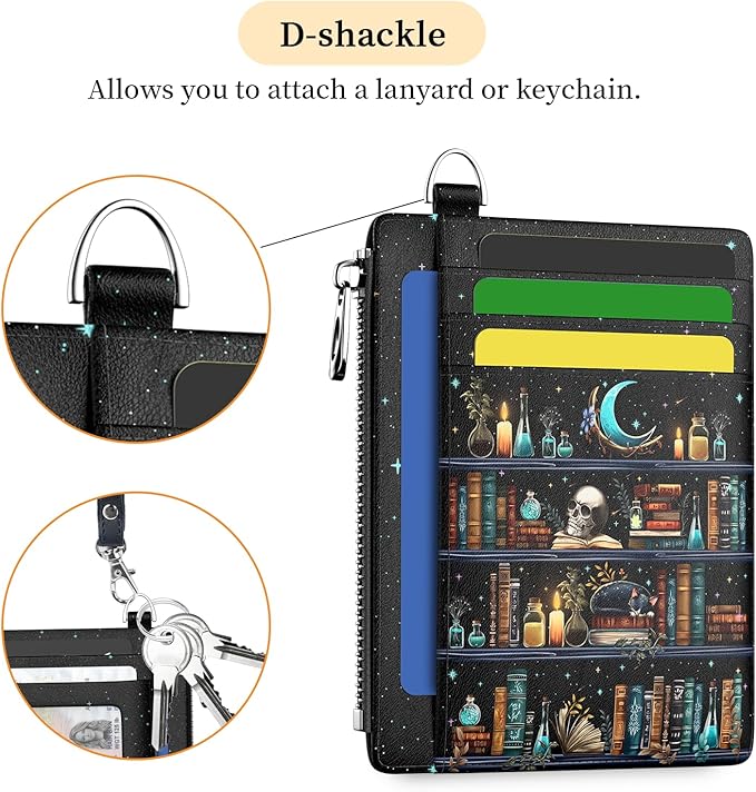 Hancynir Goth Bookshelf Skull Cat Wallet Women Credit Card Holder Funny Gothic RFID Blocking Small Card Wallets Mini Front Pocket PU Leather Thin Travel Zipper Coin Cash Ladies Female Wallet Gifts