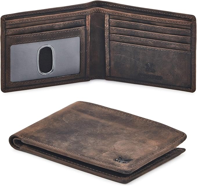 Real Leather Mens Bifold Wallet RFID Blocking Slim Minimalist Front Pocket - Thin & Stylish with ID Window in Gift Box (Crazy Horse, Coffee)