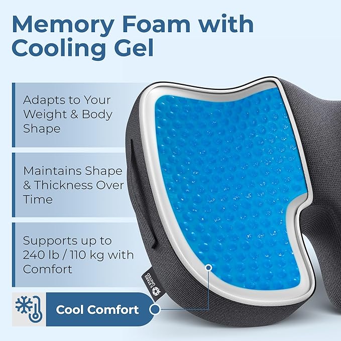 5 STARS UNITED Seat Cushion - Memory Foam&Cooling Gel Chair Cushion for Tailbone Pain Relief - Ergonomic Support for Coccyx, Sciatica & Butt - Office, Desk & Gaming Chair, Car Seat, Wheelchair, Black