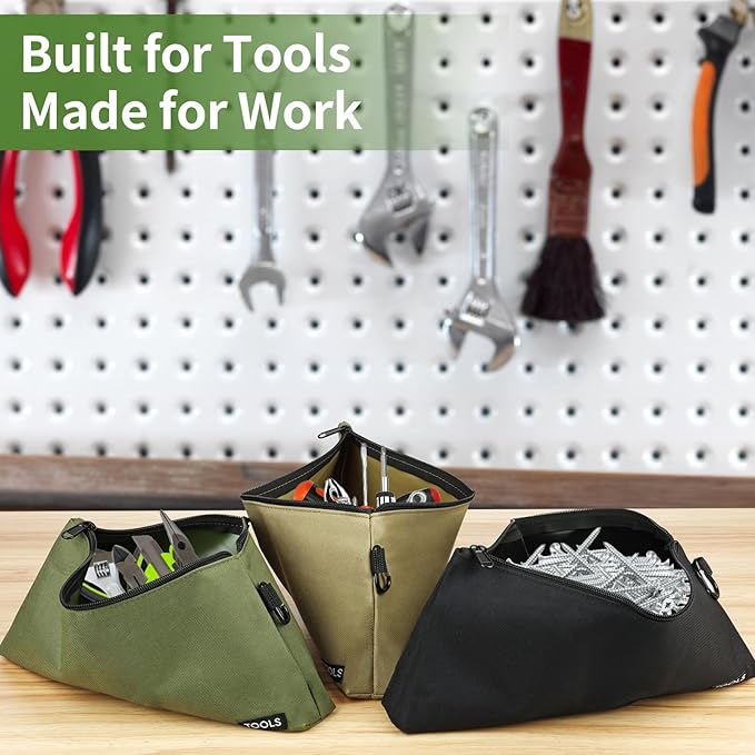 3 Pack Premium Tool Pouches Zipper Bag, Small Tools Bags with Carabiner, Heavy Duty Flat Bottom Utility Multipurpose Storage Organizer Bag for Tool, Stationary, Pencil