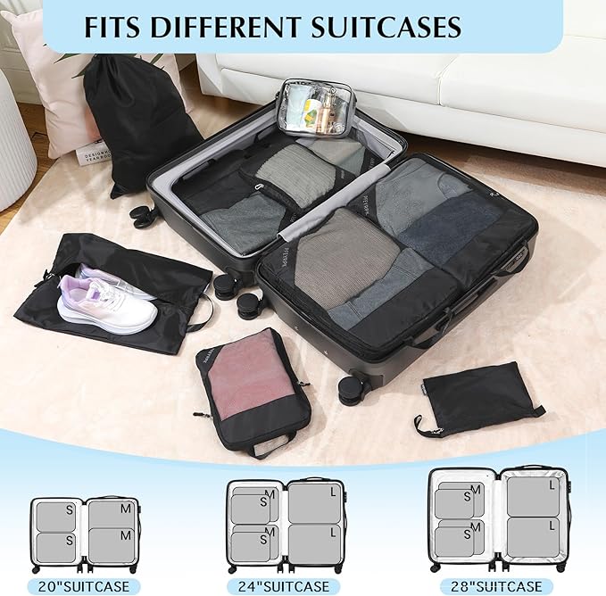 Lightweight Compression Packing Cubes for Suitcases, Compressible Expandable Travel Packing Organizer with Clear Toiletries and Backpack Bag, Travel Essentials for Carry on Luggage 7 Set