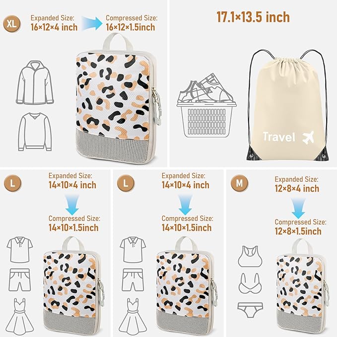 5 Set Packing Cubes For Travel Essentials, Luggage Packing Organization Cubes Suitcase Organizer Bags Set (Leopard)