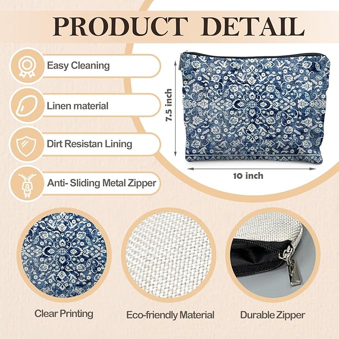 Vintage Blue Chinoiserie Floral Makeup Bag, Blue and White Flower Cosmetic Bags for Women, Retro Grandmillennial Indigo Floral Zipper Makeup Pouch